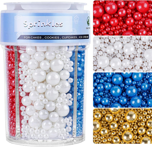 4th of July Red White and Blue Sprinkles for Cake Decorating, Patriotic Pearl Sprinkles 7.8oz 4 Colors Mix for Cake Cupcake Cookie Baking Donuts Ice Cream Toppings
