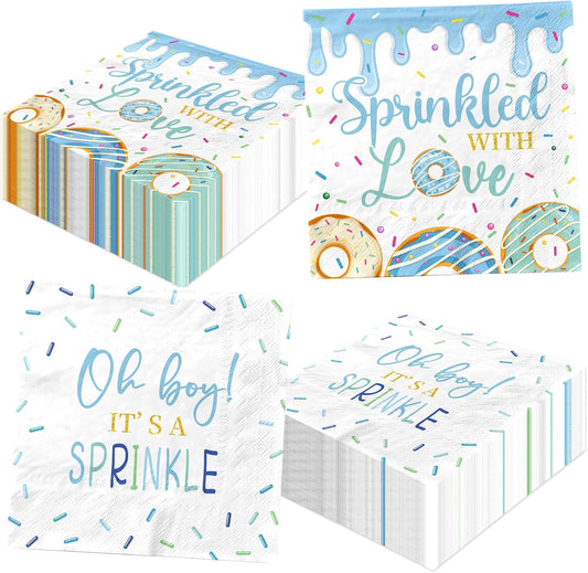48Pcs Donut Sprinkles Napkins - Baby Sprinkle Decorations for Boy Blue Donut Sprinkled with Love Party Napkins Oh Boy It's A Sprinkle Party Decorations for Donut Baby Shower Decorations