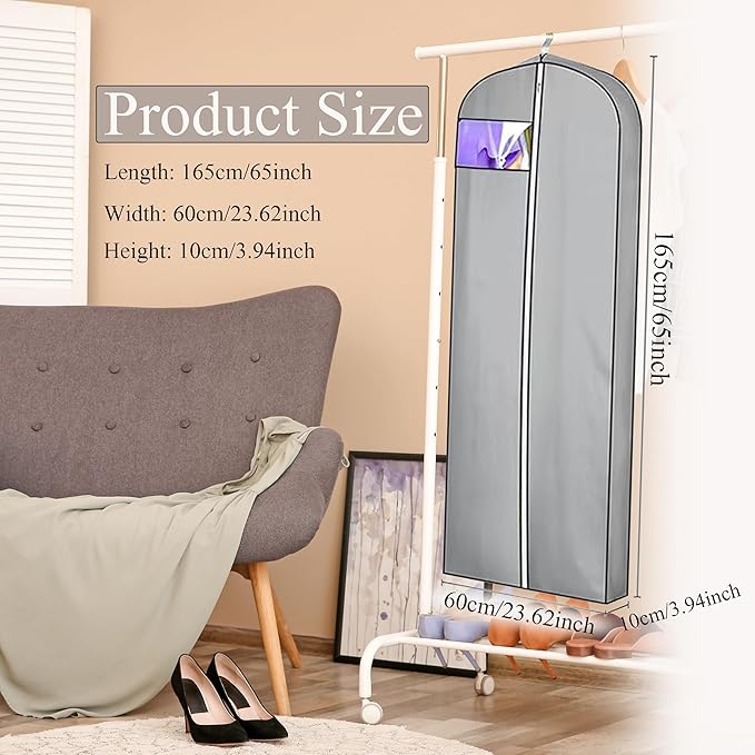 Dress Bags for Gowns Long, 1 Pack 65" Garment Bags for Hanging Clothes, 4" Gusseted Clothing Bags for Closet Storage and Travel, Suit Bags for Coats, Jackets, Shirts and Sweater (1)