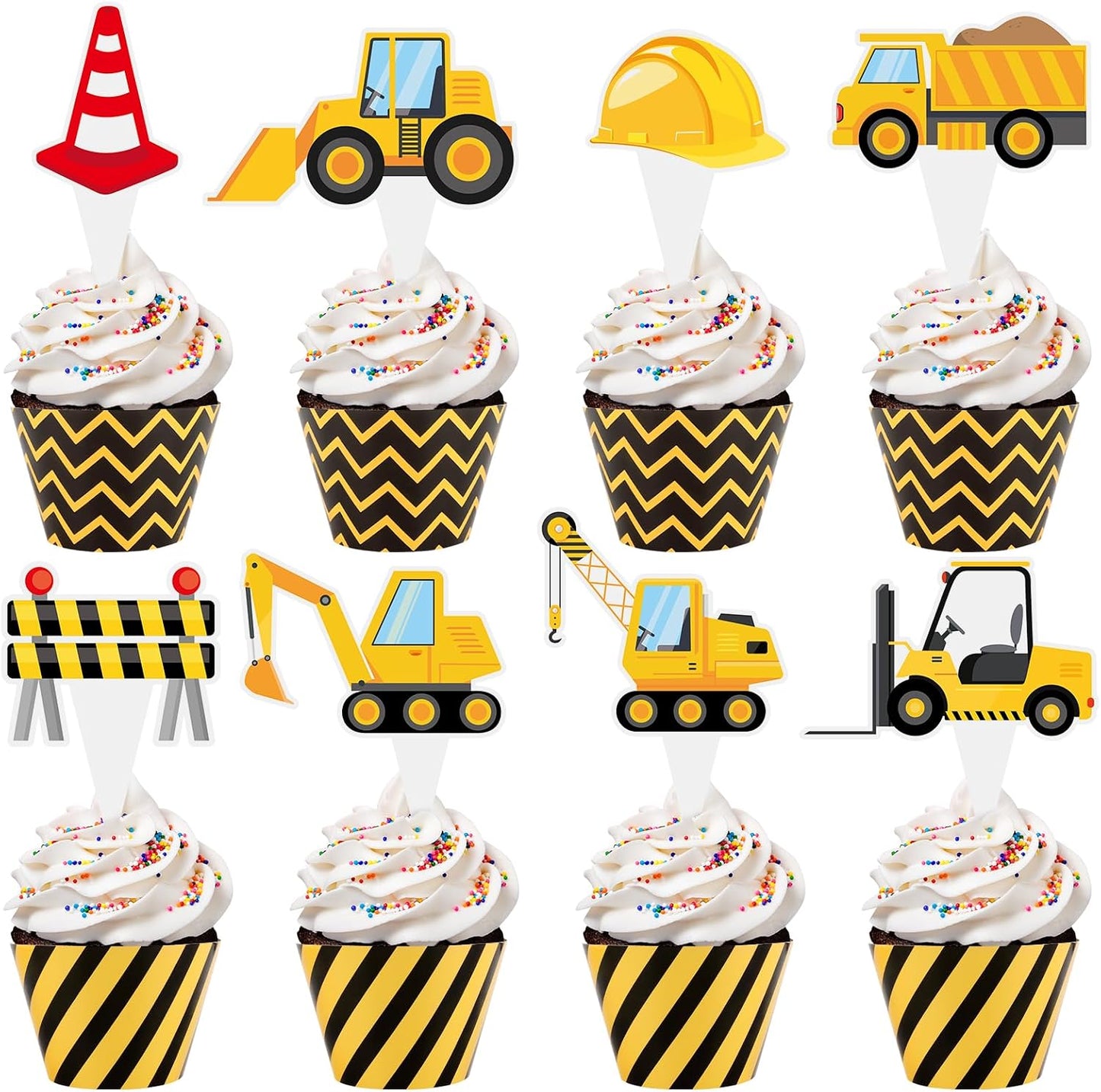 48 Pack Construction Cupcake Toppers and Wrappers, Construction Vehicles Party Cake Decoration for Engineering Theme Birthday Party Baby Shower Supplies