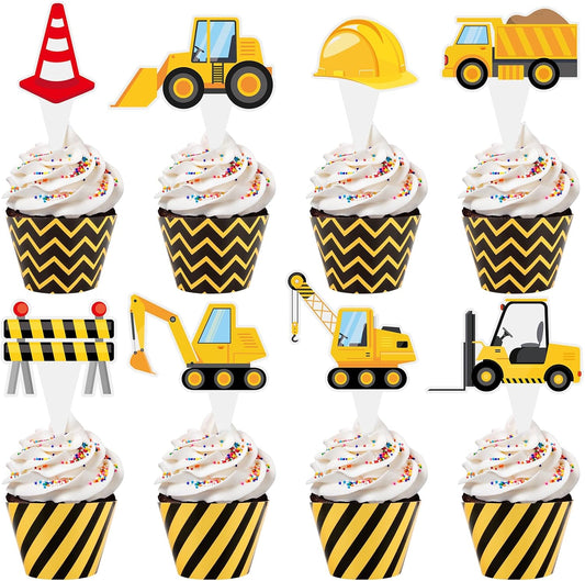 48 Pack Construction Cupcake Toppers and Wrappers, Construction Vehicles Party Cake Decoration for Engineering Theme Birthday Party Baby Shower Supplies