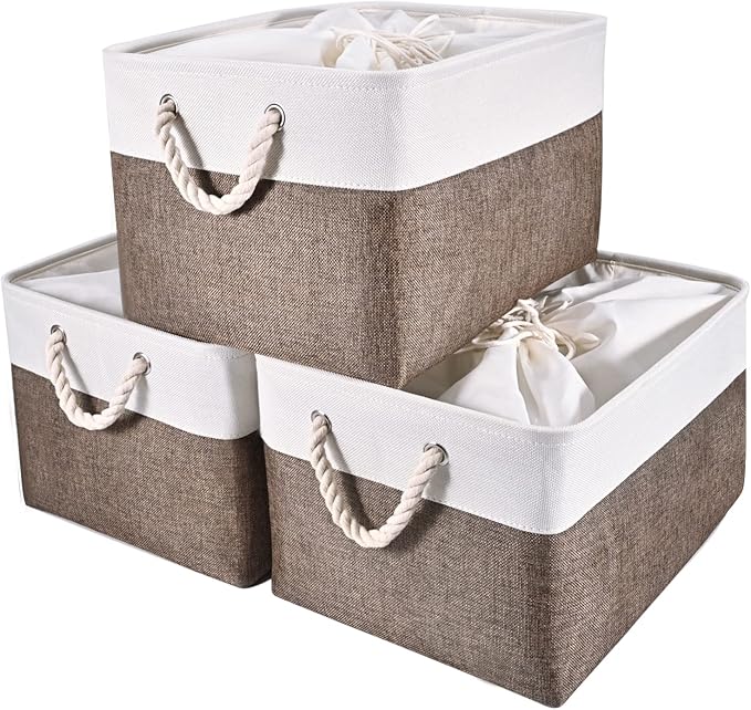 HOdo Home 15.8Ã11.8Ã9.5In/3PCS Fabric Storage Bin with Drawstring Closure and 2 Bold Handles, Collapsible Large Canvas Storage Baskets for Organizing Shelf Nursery Home Closet (Brown)