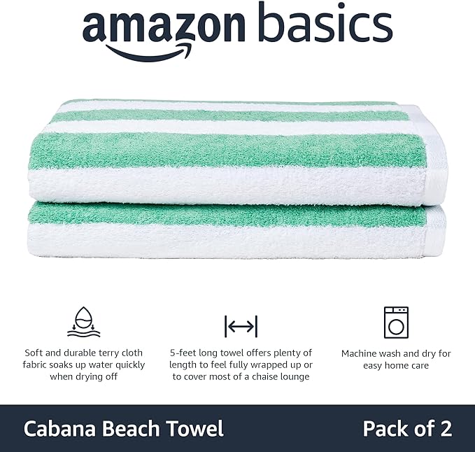 Amazon Basics 100% Cotton Terry Beach Towel, Soft & Absorbent, Quick Drying, Cabana Stripe, Large 30" x 60", Green, 2-Pack