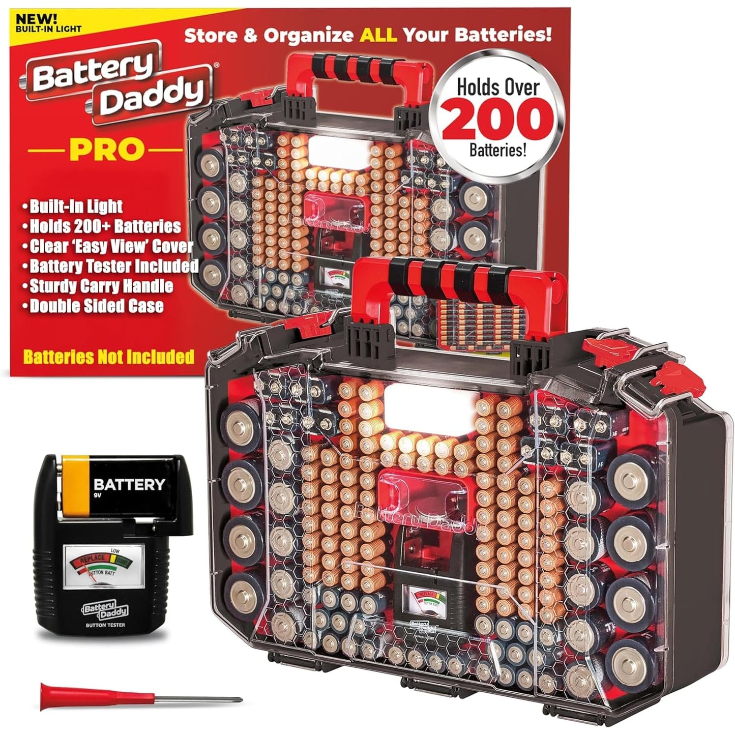 Battery Daddy Storage & Organizer Case w/Light and Tester, Stores & Protects Over 200 Batteries, Double-Sided, Clear Locking Lid, Secure Latches & Portable Handle- Black (Batteries Not Included)