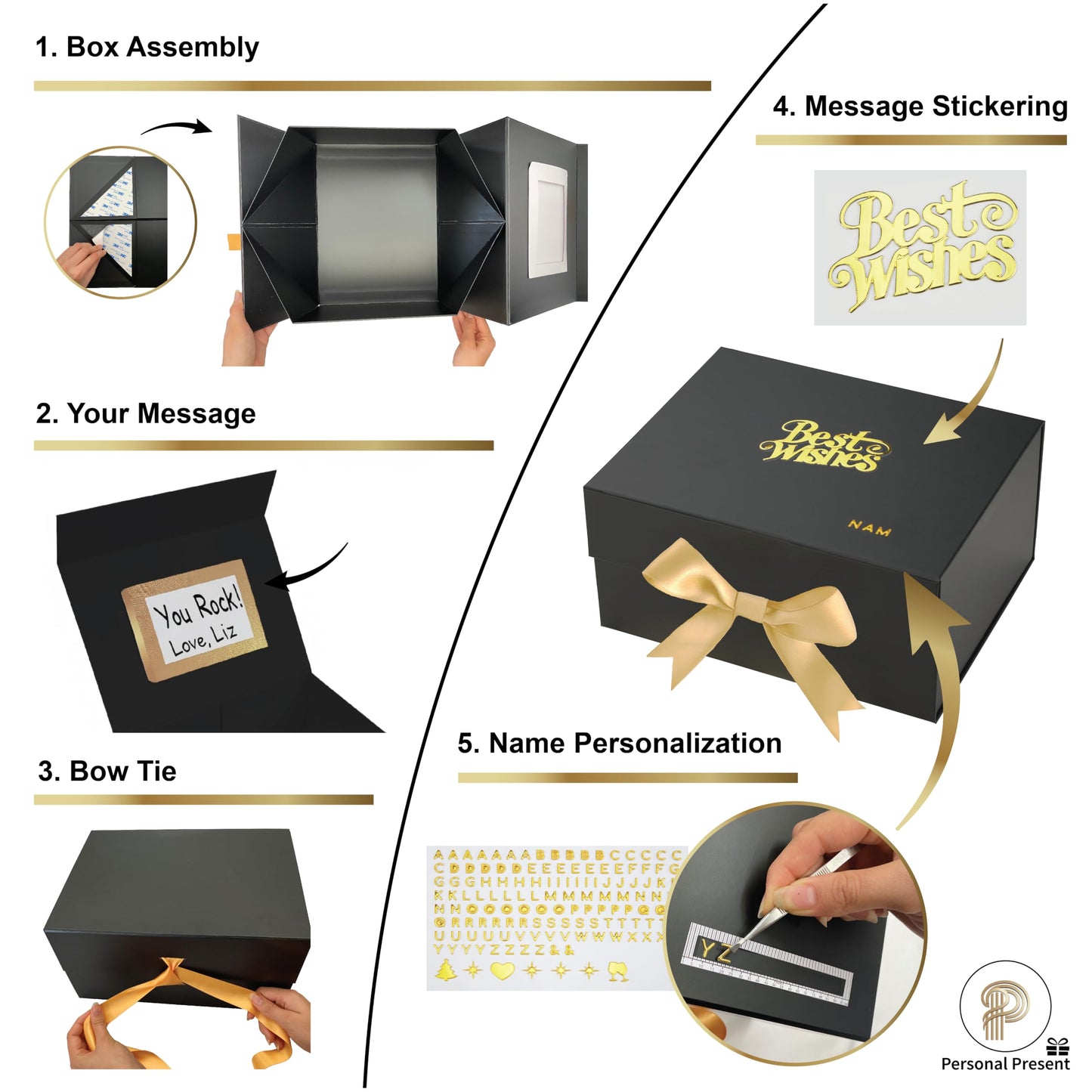 Luxury Black Personalized Gift Box XL (18x12x8"), Instant DIY Lettering Kit for Custom Names & Best Wishes message, Magnetic Lid, Ribbon