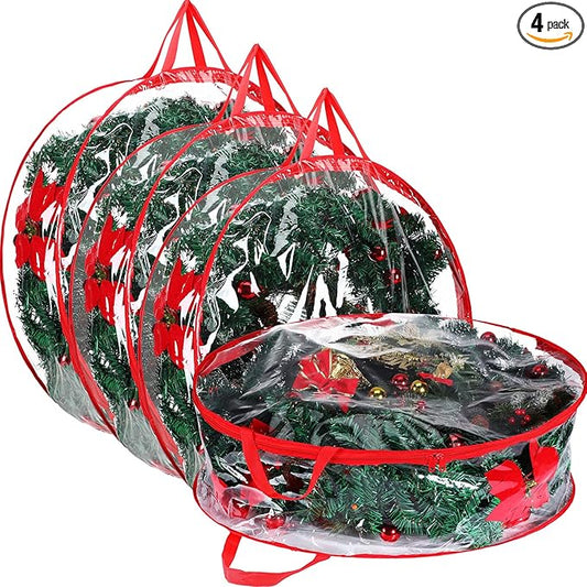 Shappy 4 Pieces Clear Christmas Wreath Storage Container 24 Inches Xmas Wreath Storage Bag Plastic Christmas Garland Container with Dual Zippers and Reinforced Handles for Xmas Seasonal (Red)