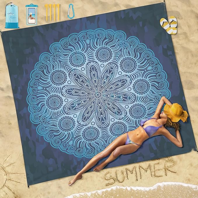 Famstar Beach Blanket Sandproof Waterproof 78''×81'' 1-5 Adults Oversized,Compact Lightweight Durable Beach Mat for Travel Camping Hiking Picnic Blanket