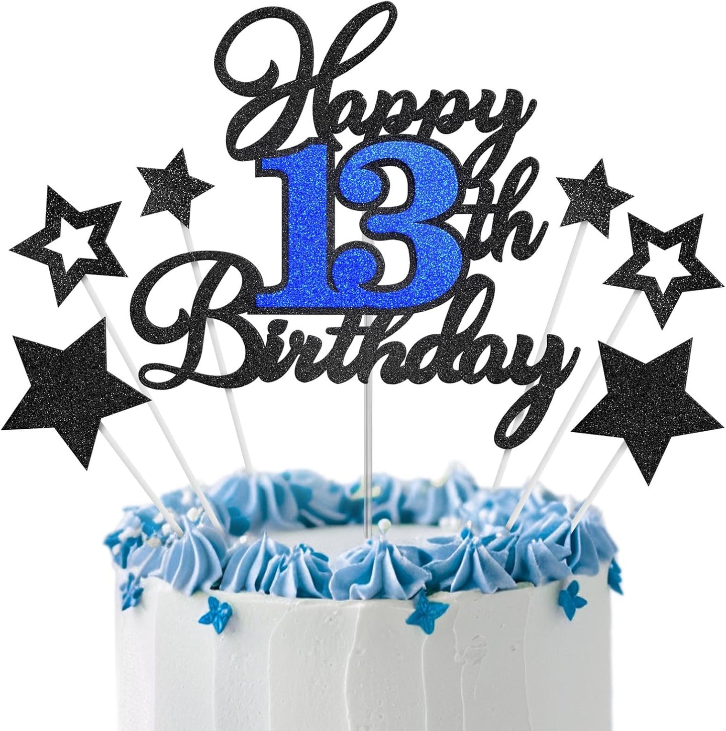 Happy 13th Birthday Cake Toppers, Black Blue Glitter Cake Decorations Set, 13th Birthday Decor, Birthday Anniversary Party Decorations Supplies