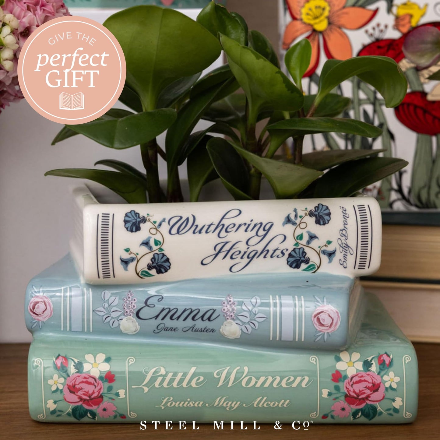 Steel Mill & Co Small Book-Shaped Decorative Ceramic Planter for Home Decor, Bookshelf, Classic Titles Bookstack, 5" x 7"" x 3.75"""