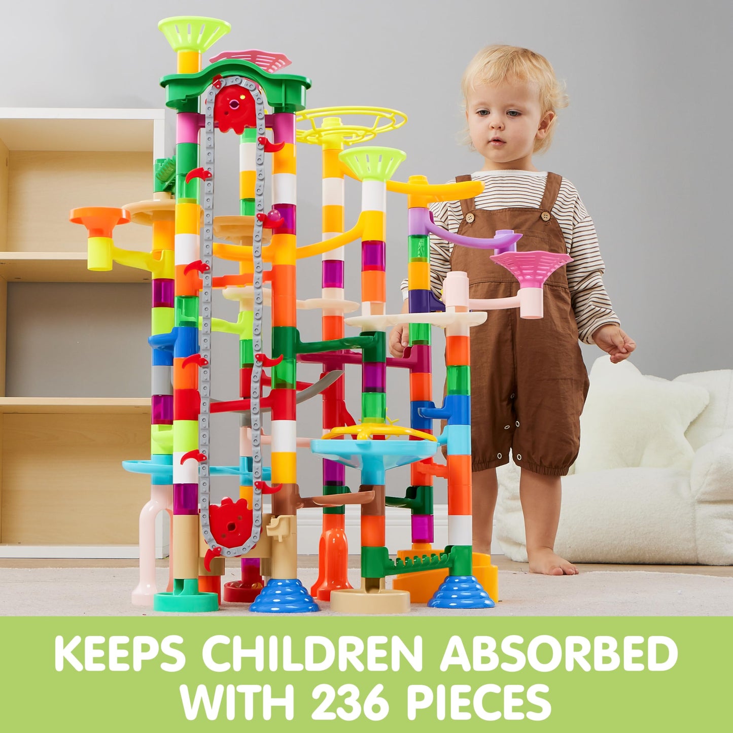 JOYIN 236Pcs Glowing Marble Run with Motorized Elevator- Construction Building Blocks Toys with 30 Glow in The Dark Plastic Marbles, Easter STEM Gifts for Boys and Girls