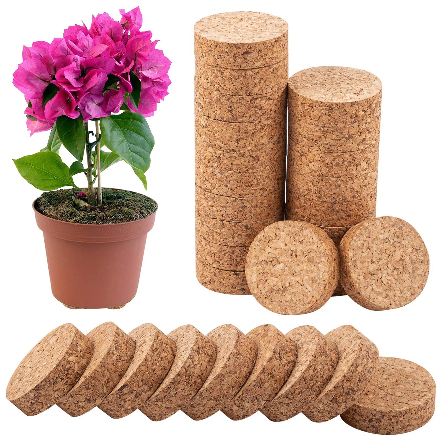 Biubee 60Pcs Invisible Pot Feet with Non-Slip Surface- Sturdy Cork Plant Riser Pot Feet for Outdoor Planter Drainage, Solid Corkwood Planter Lifter, 2" Dia"