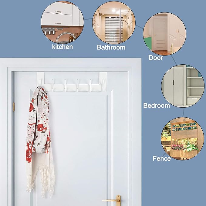 SKOLOO Over The Door Hook - 6 Hooks, No Assembly Required, Stainless Steel Door Hooks, Over Door Coat Rack for Hanging Coats Clothes Hats Robes, White, Pack of 2