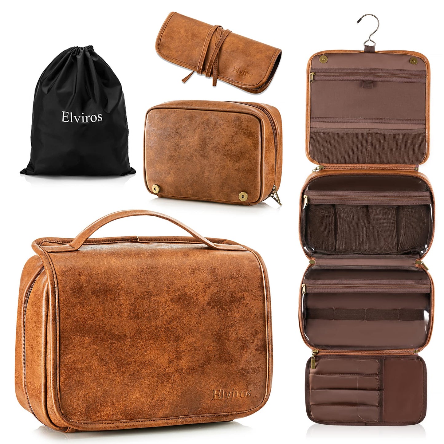 Elviros Hanging Toiletry Bag for Men Travel Essentials 3-in-1 Large Waterproof Dopp Kit PU Leather Shaving Bag with Separate Compartments for Grooming and Toiletries Mens Gift