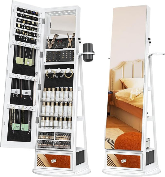 Mirror Jewelry Cabinet Standing, 6 LED Lights, 360Â° Swivel Full Length Mirror with Storage, Jewelry Armoire Organizer with Drawer, Foldable Makeup Shelf