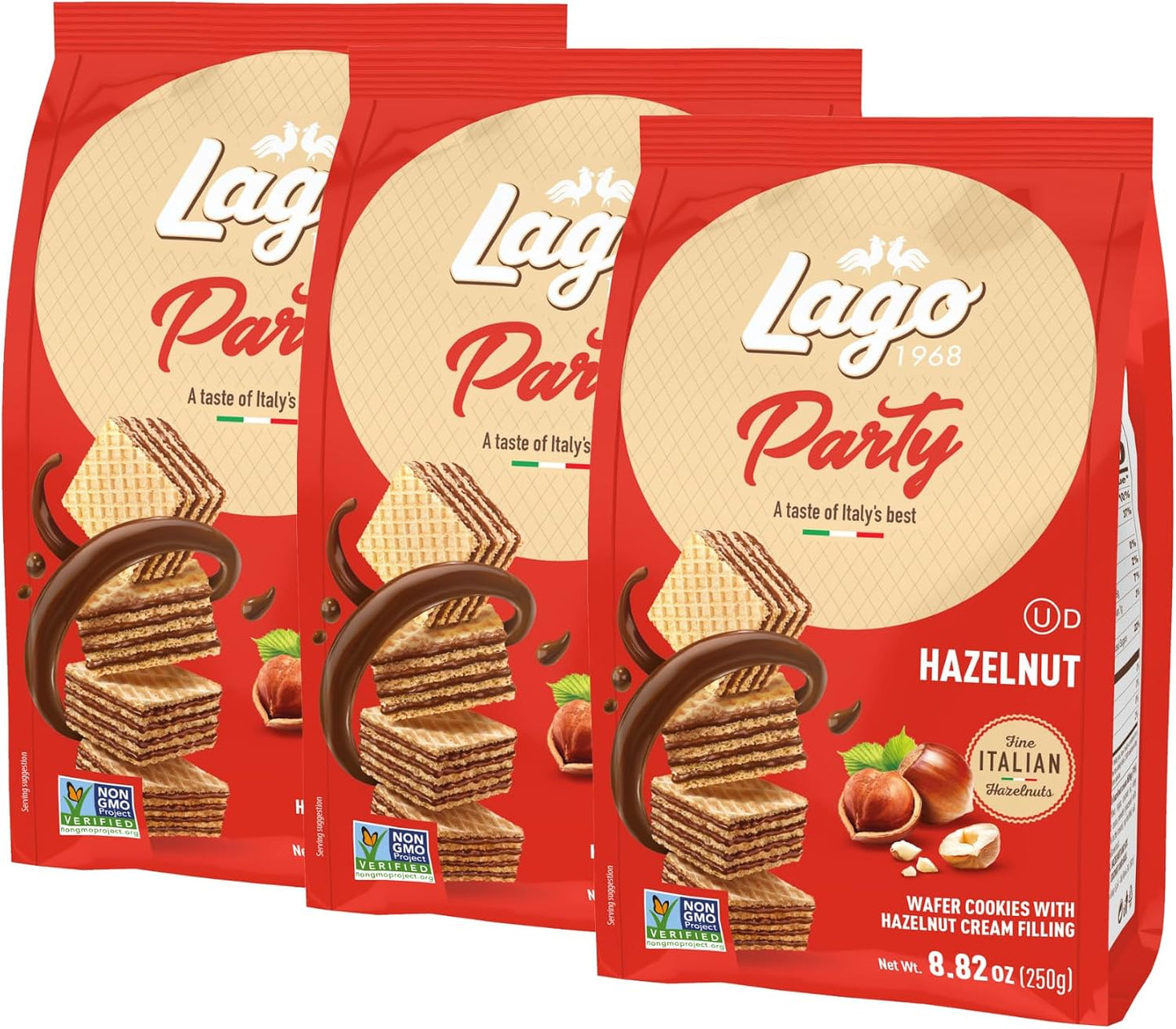 Gastone Lago Party Hazelnut Wafers, 8.82 oz – Italian Wafer Cookies with Hazelnut Flavored Cream Filling, Non-GMO Verified, Authentic Taste of Italy [Pack of 3]