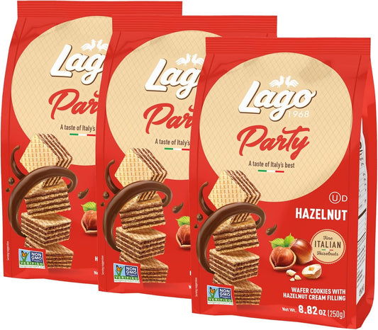 Gastone Lago Party Hazelnut Wafers, 8.82 oz – Italian Wafer Cookies with Hazelnut Flavored Cream Filling, Non-GMO Verified, Authentic Taste of Italy [Pack of 3]