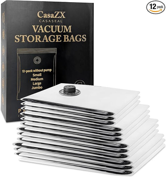 Vacuum Storage Bags 12 Pack Without Hand Pump â Space Saver Compression Bags, Airtight Double-Zip & Triple Valve, Reusable, Lavender Freshness, Bedding, Travel (S/M/L/Jumbo) (Without Pump)
