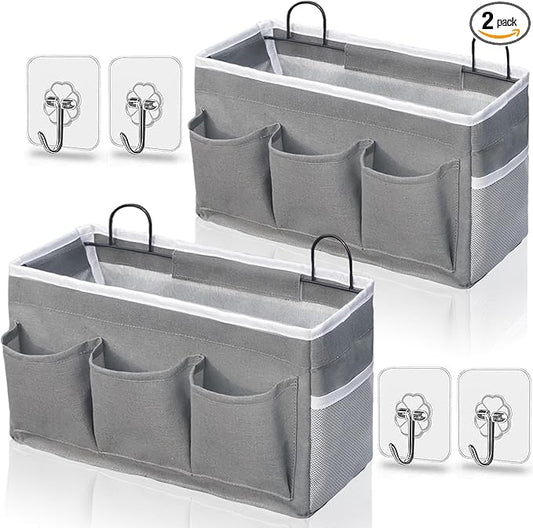 Wall Hanging Organizer Bag, 2-Pack Linen Storage Baskets with Pockets, WallHanging Storage Basket for Bedroom, Kitchen, Office, RV Camper (Gray)