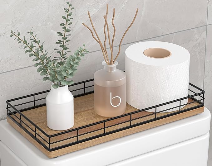 Toilet Paper Basket Organizer â Acacia Wood Toilet Tank Tray with Metal Frame, Back of Tank or Top Bathroom Counter Storage â Black & Acacia Modern Decor