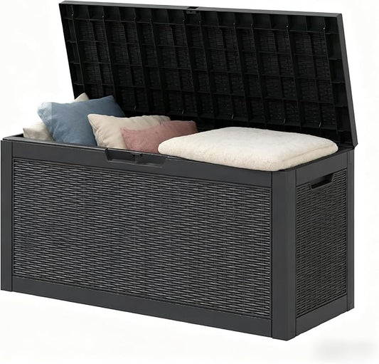 60 Gallon Outdoor Storage Box, Resin Deck Boxes Outdoor Waterproof For Patio Furniture, Garden Tools, Pool Supplies, Lockable And UV Resistant (Rattan Black)