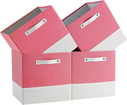 Storage Cube Bins | 7.7 oz/ydÂ² Fabric Cubby Organizer Baskets for Shelf, Closet, Cabinet, Wardrobe | KALLAX Shelving Unit Insert Drawer | 4 Pack, Pink & White, 13x15x13 Inch