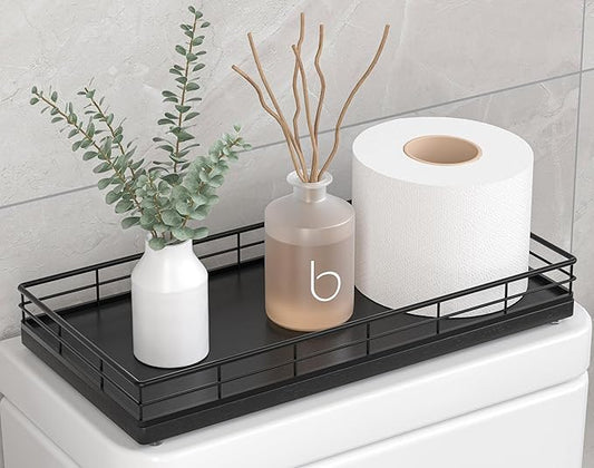 Toilet Paper Basket Organizer â Oak Wood Toilet Tank Tray with Metal Frame, Back of Tank or Top Bathroom Counter Storage â Black Modern Decor