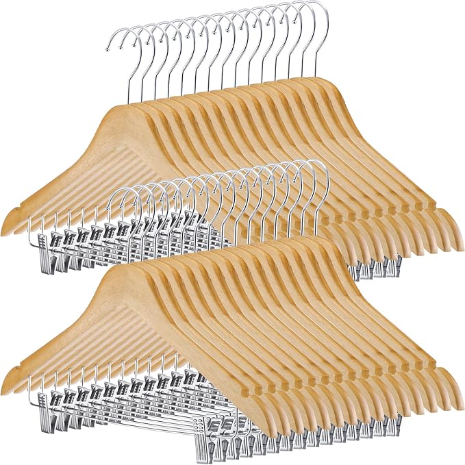 Sieral 30 Pack Wooden Pants Hangers with Clips Solid Wood Skirt Suit Coat Hangers with 2 Adjustable Clips 360 Degree Swivel Hook for Trousers Jeans Slacks Shorts Bottom, 14 Inch(Natural,Classic)