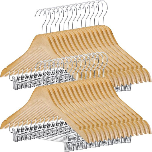 Sieral 30 Pack Wooden Pants Hangers with Clips Solid Wood Skirt Suit Coat Hangers with 2 Adjustable Clips 360 Degree Swivel Hook for Trousers Jeans Slacks Shorts Bottom, 14 Inch(Natural,Classic)