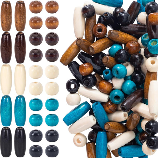 100 Pcs Large Hole Wooden Beads for Crafts, Wood Hair Beads with Hole, Wood Beading Jewelry Making Supplies for Hair Decorations Necklace Bracelet DIY(5 Color, 2 Shape)