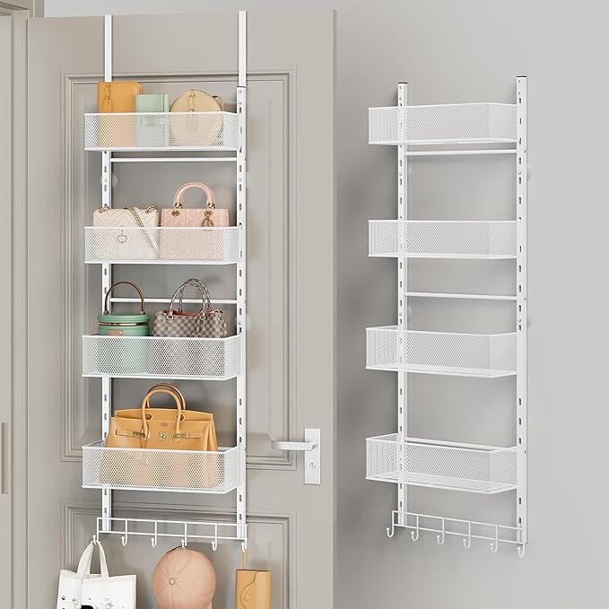 SWTYMIKI Over The Door Purse Organizer - Wall Mounted Purse Rack with 4 Adjustable Metal Basket and 6 Hooks, Hanging Bag Rack for Handbag Organizer, Bag Storage Can Use As 1/2 Part, for Door, Closet