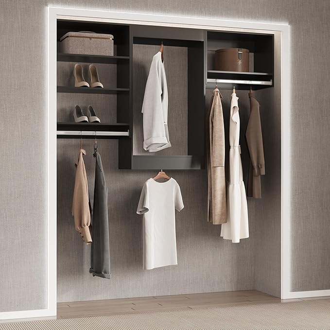 Tall Hanging Closet Unit, Modular Closet System, Wood Closet System Organizer with Storage for Walk In Closets, Clothing Rack Wardrobe Closet for Hanging Clothes, Bedroom, Black, 25.5"W