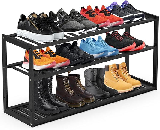 Bamboo Shoe Rack for Closet, Stackable 3 Tier Longer Shoe Organizer Shelf Holder Storage 12-15 Pairs for Entryway Door Hallway Bedroom Garage Space Saving Foldable Black
