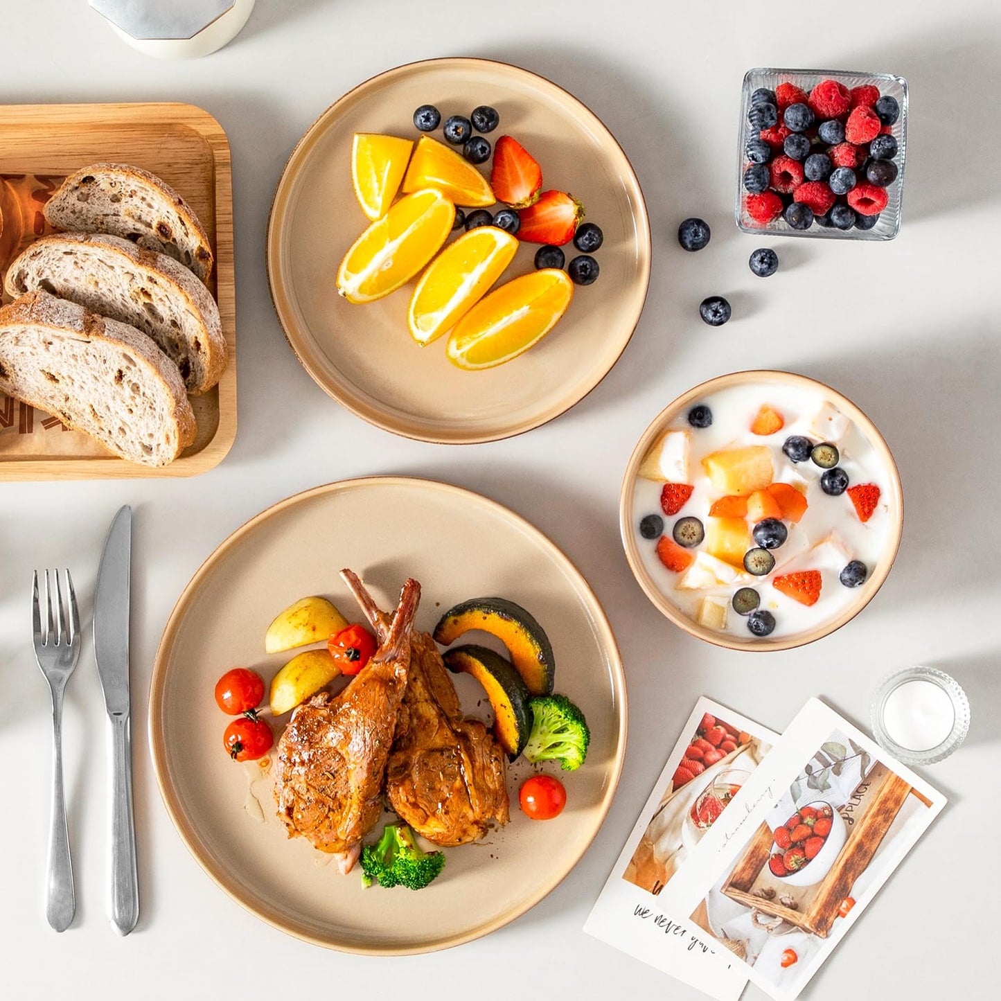 vancasso ONION Ceramic Plates and Bowls Sets, 24 Pieces Brown Dinnerware Sets for Kitchen, Reactive Glaze Dishes Set for 8, Dishwasher and Microwave Safe