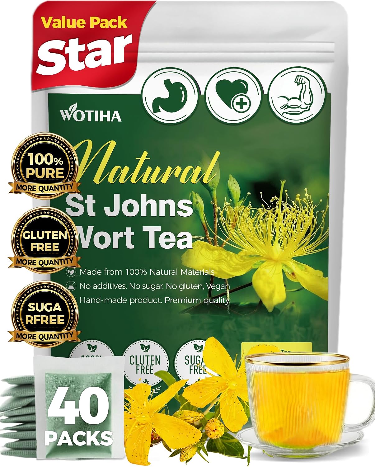 WOTIHA St John's Wort Tea Bags (40 Count) - Premium Dried Saint John’s Wort Herb for Calm & Relaxation - Natural Herbal Tea for Positive Spirit & Wellness - Non-GMO, Caffeine-Free - (Hypericum Perfor