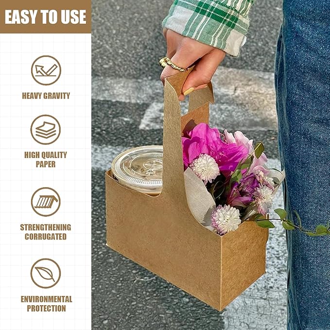 2 Cup Disposable Drink Carrier for Delivery with Handle,15 Count Kraft Paperboard Cup Holder,Cup Carriers for Hot or Cold Drinks,Coffee Carrier, Food Delivery,Take Out Cup Carriers (Brown)