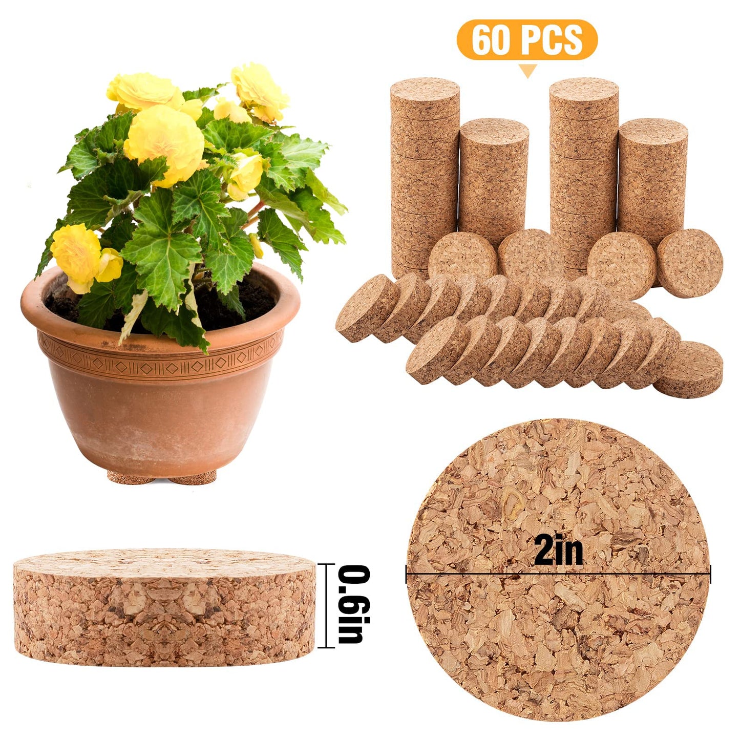 Biubee 60Pcs Invisible Pot Feet with Non-Slip Surface- Sturdy Cork Plant Riser Pot Feet for Outdoor Planter Drainage, Solid Corkwood Planter Lifter, 2" Dia"
