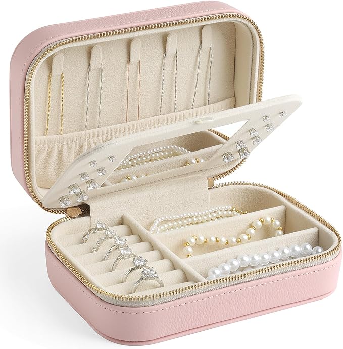 Genuine Leather Travel Jewelry Organizer Case with Mirror for Women, Small Mini Portable Jewelry Box for Ring Earrings Necklace Bracelet Luxury Gift for Womenï¼Pinkï¼