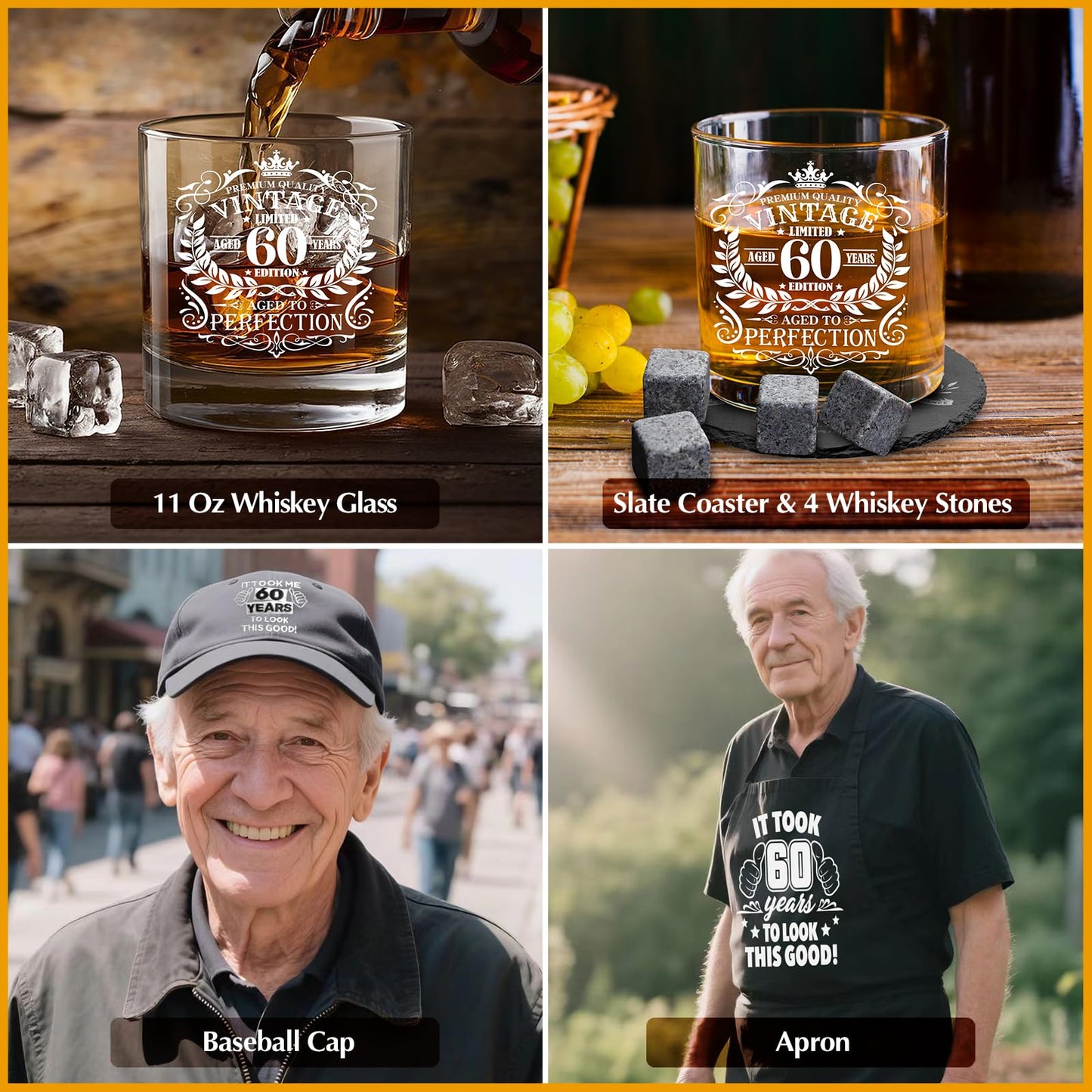 60th Birthday Gifts for Men Whiskey Glass Set, 60th Birthday Party Supplies with 11 Oz Whiskey Glass Coaster Stone Baseball Cap Apron Sock Funny Toliet Paper Keychain for Him, Dad, Husband, Friends