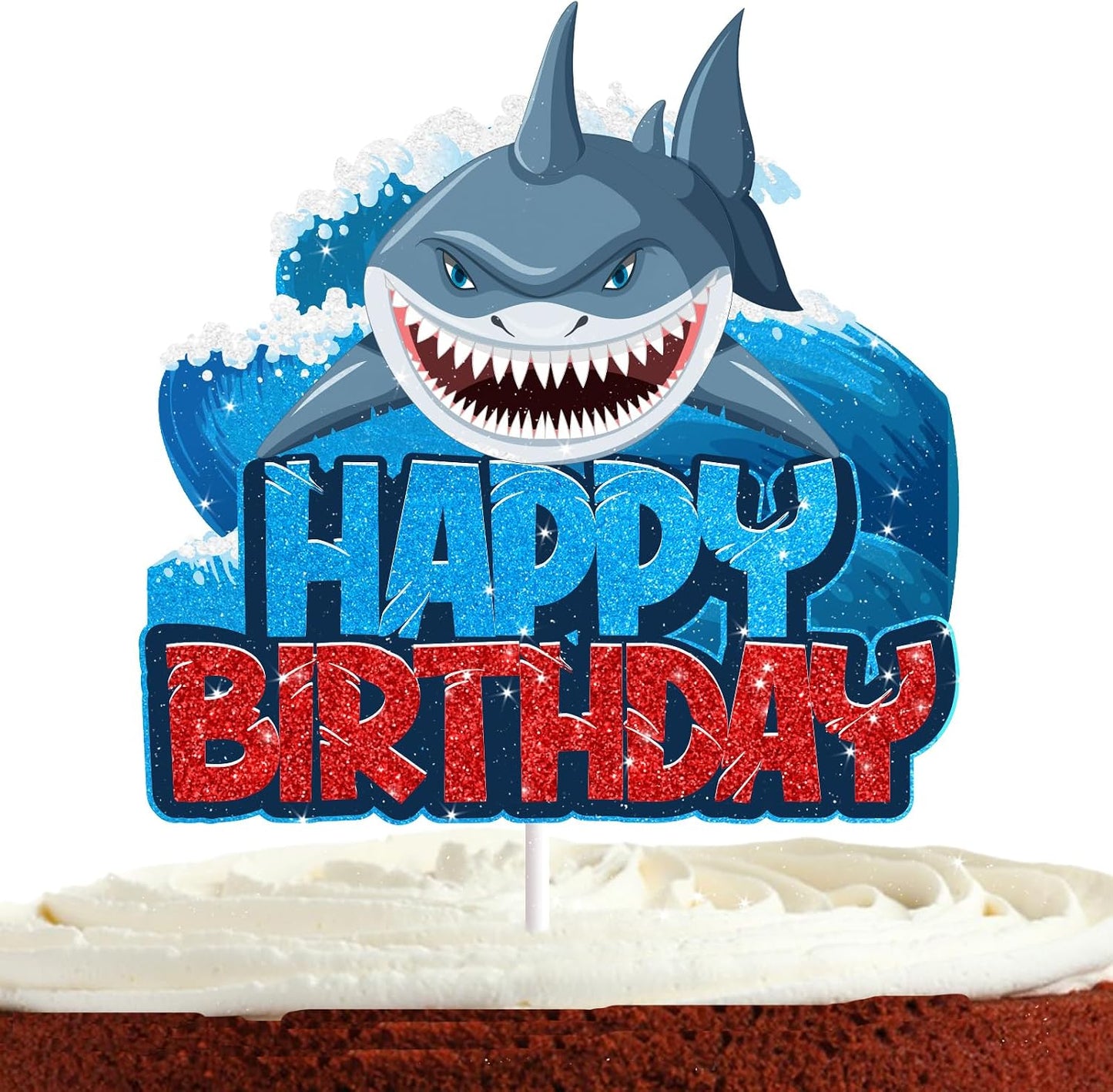 Shark Cake Topper for Boys Girls Happy Birthday Baby Shower Shark Fin Ocean Theme Party Supplies Decoration Blue Glitter Under the Sea Shark Cake Decorations