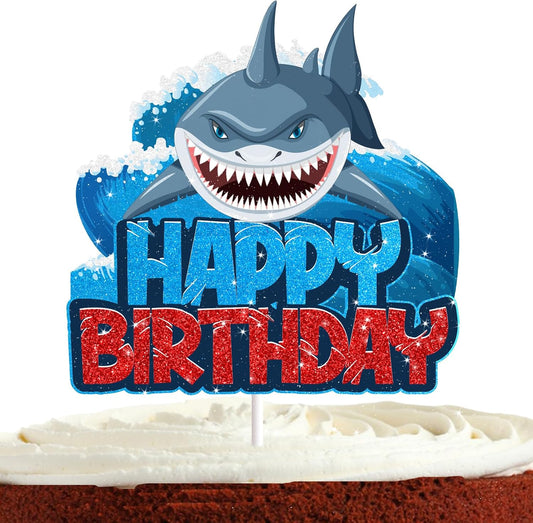 Shark Cake Topper for Boys Girls Happy Birthday Baby Shower Shark Fin Ocean Theme Party Supplies Decoration Blue Glitter Under the Sea Shark Cake Decorations