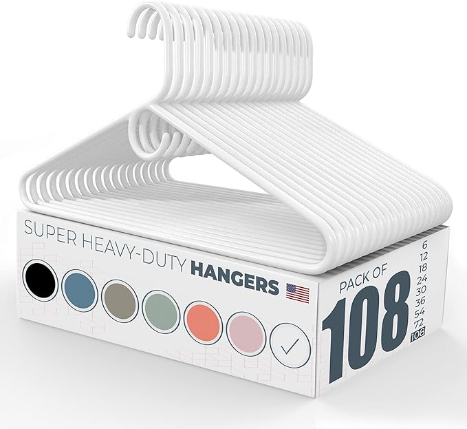 Neaties Super Heavy Duty Clothes Hangers 100 Pack (108 Count) â Made in The USA - 10lb Capacity, Thick Plastic Hangers for Pants, Coats, Jackets, Jeans and Adult Clothing â White