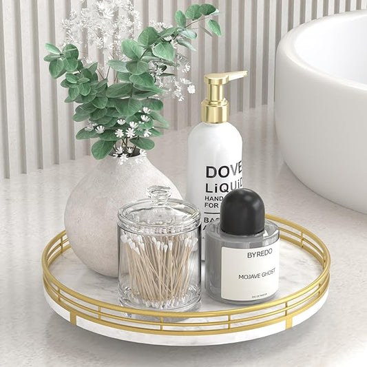 White Marble Lazy Susan Turntable for Table Top â 10â Round Marble Tray Organizer for Bathrroom, Vanity, Dining Table, Kitchen Countertop & Bar, Luxury Stone Serving Tray with Gold Frame