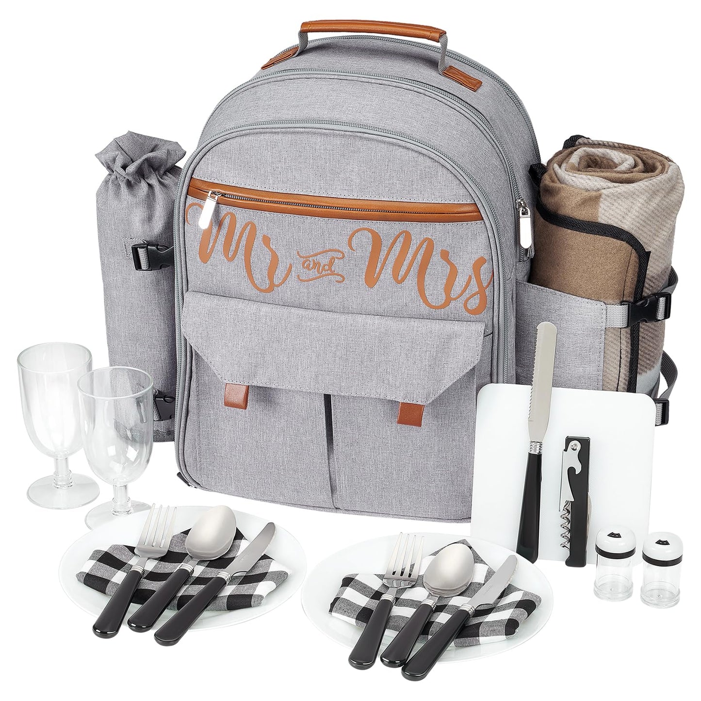 Couple Gifts 22L Picnic Basket Set, Grey Insulated Picnic Backpack for 2, Leak Proof Cooler Camping Gifts, Cool Bridal Shower Gifts Anniversary Engagement Wedding Gifts for Couples, Mr and Mrs Gifts