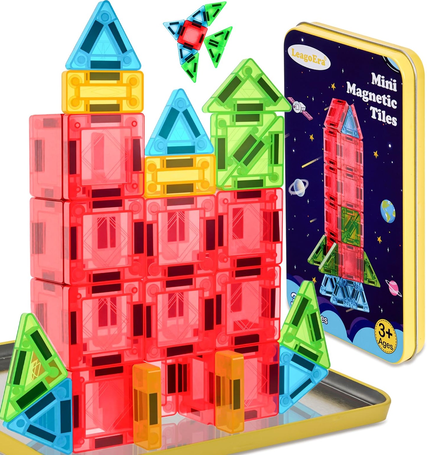 Magnetic Tiles Building Blocks Toy Set: Portable Mini Size Magnetiles Travel Set 32 Pieces with Iron Tin Construction Toys Gift for Kids Girls and Boys Ages 3-12 Years Old School Classroom Must Haves