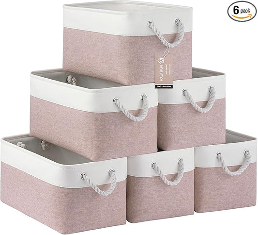 Large Storage Baskets- 15x11x10 inch Storage Bins for Shelves and Closet Organizing, Foldable Fabric Bin for Home Organization Clothes and Laundry (6-Pack, White&Pink)