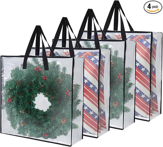 Heavy-Duty Clear Wreath Storage Bag & Sturdy Moving Box Alternative â 26 Inch Large Capacity Container with Zipper for Christmas Decorations, Seasonal Wreaths, Clothes, Bedding,Gift (4-Pack)