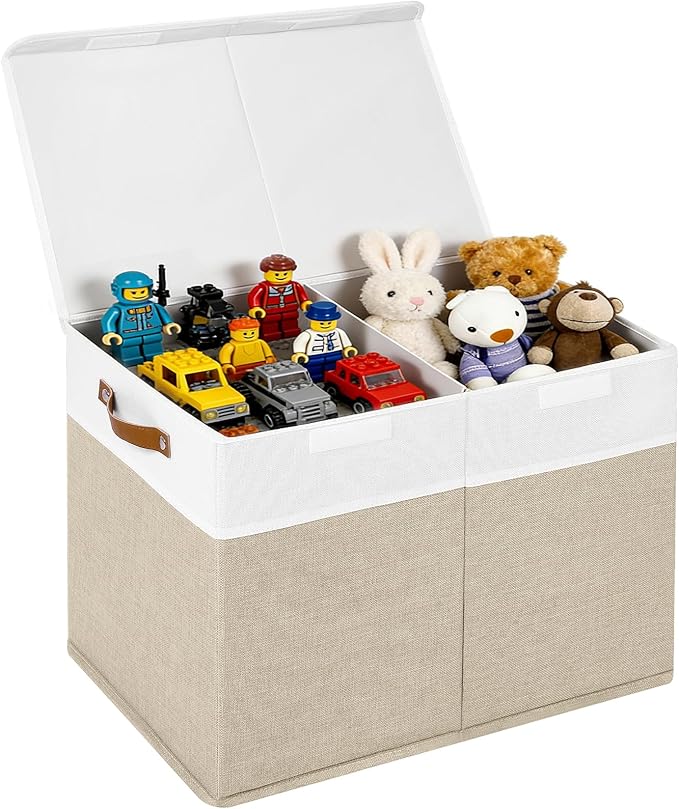 Large Toy Storage Box With Lid, Foldable Toy Storage Box with Handle and Dividers,Toy Storage Chest Suitable for living rooms, studies and bedroomsï¼24"X13"X16",White & Beigeï¼