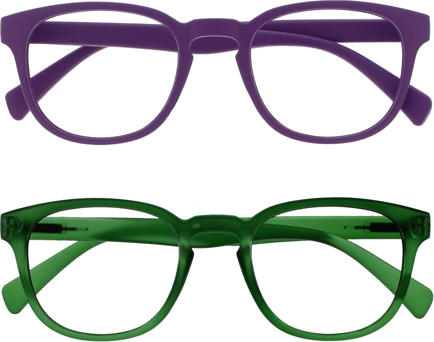 OPULIZE POP Reading Glasses for Women Men,Scratch Resistant Round Matt Frame with Spring Hinges, Purple, Green +3.00 (Pack of 2)