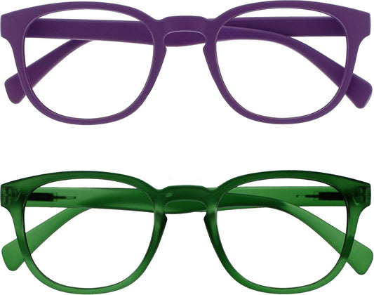 OPULIZE POP Reading Glasses for Women Men,Scratch Resistant Round Matt Frame with Spring Hinges, Purple, Green +3.00 (Pack of 2)