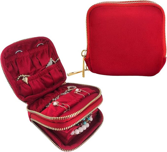 Travel Jewelry Organizer Case, Lisse Velvet 2-Layer Pouch, 11-Pocket for Necklaces, Bracelets, Earrings & Rings, Anti-Tangle Scratch-Resistant Small Jewelry Bag, Elegant Gift (Cherry Red)